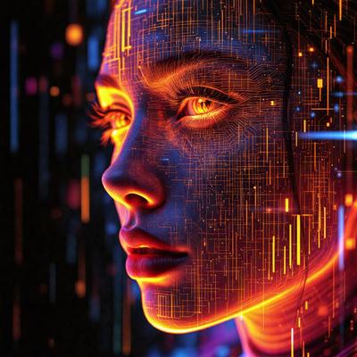 The primary subject of the image is a woman with a unique visual style. She is depicted with a blue and orange color scheme, which gives her an otherworldly appearance. The setting is a futuristic environment, with a backdrop of a colorful, digital art-like pattern. The visual style of the image is a combination of photo and digital art, creating a striking and captivating portrait of the woman.